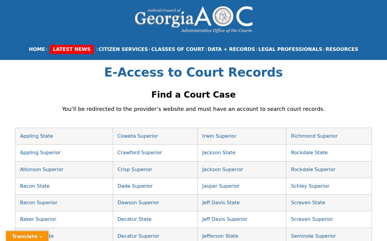 Georgia Courts eAccess interface for Elbert County case research