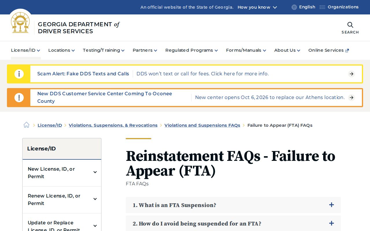 Georgia DDS official failure-to-appear information for traffic cases