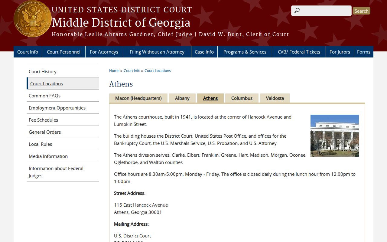 Athens federal courthouse contact for Elbert County warrant matters