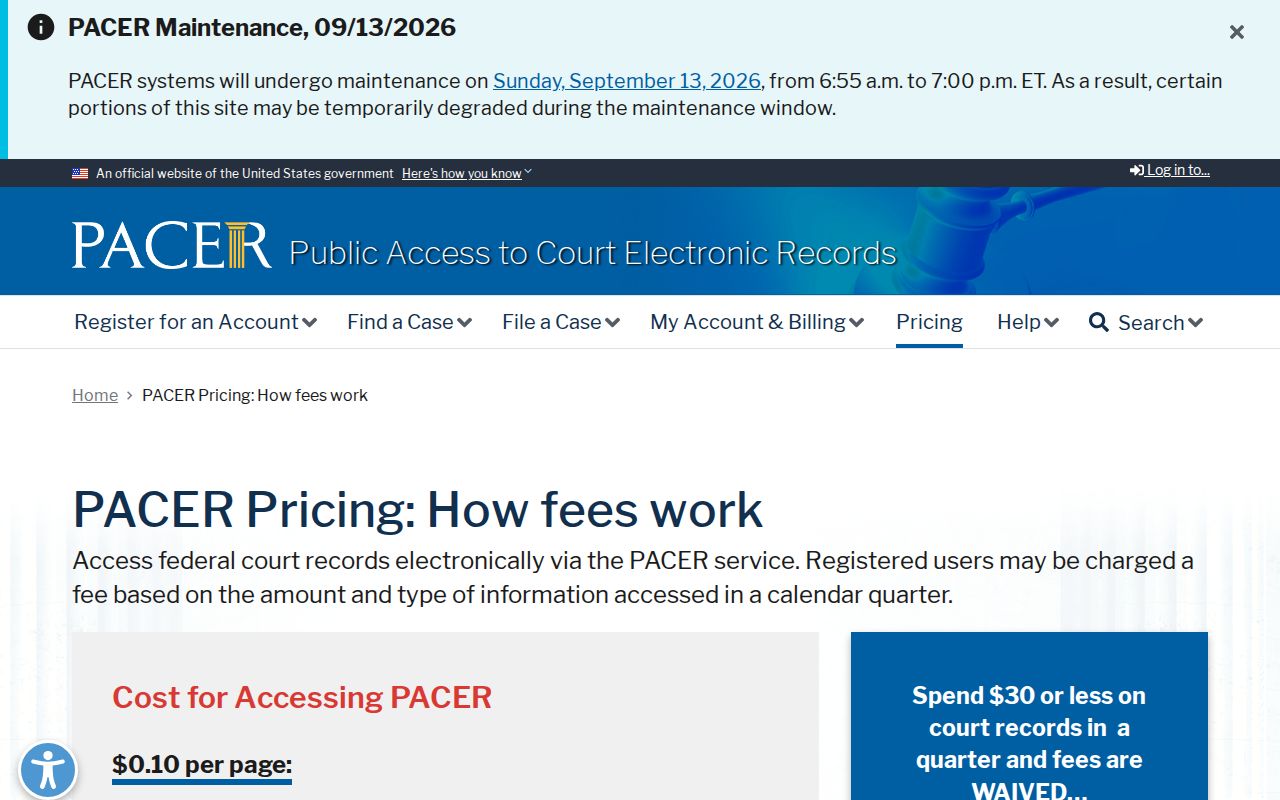 PACER pricing information for Elbert County federal warrant case research