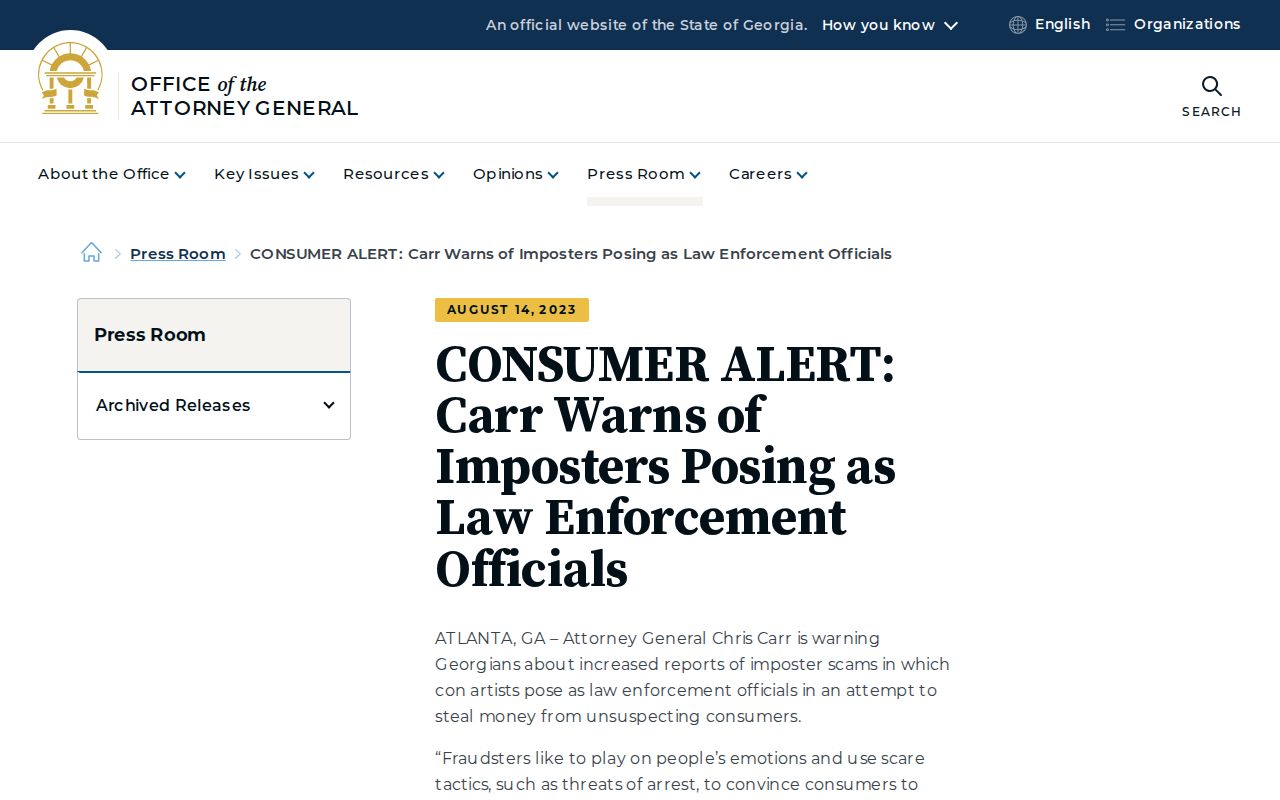 Georgia Attorney General warning about false law enforcement warrant calls
