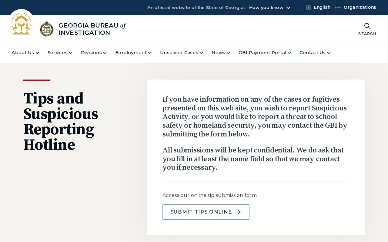 Official GBI confidential tip page for Elbert County residents