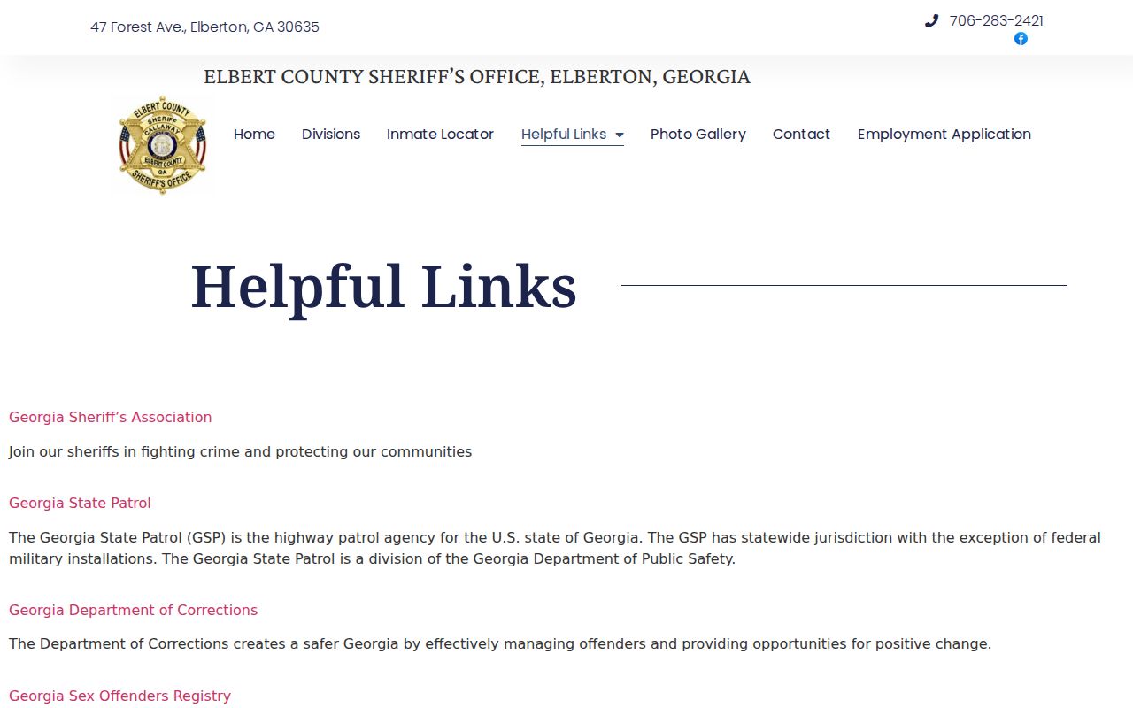 Elbert County Sheriff helpful links page without a public warrant search